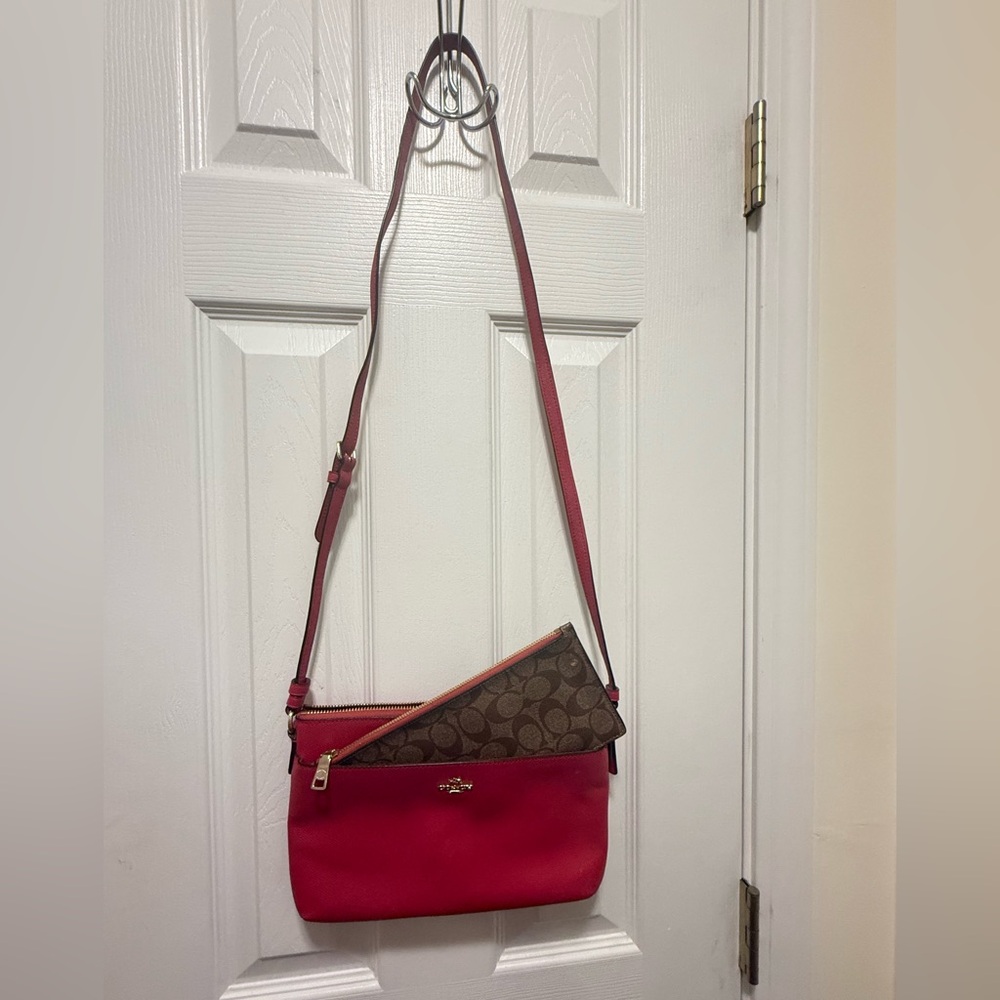 Coach East West Crossbody Bag with Pouch Fuchsia Brown